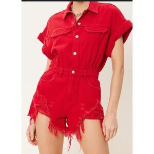 Cashmere & Champagne Womens Red Denim Romper Size S NWT $79.99